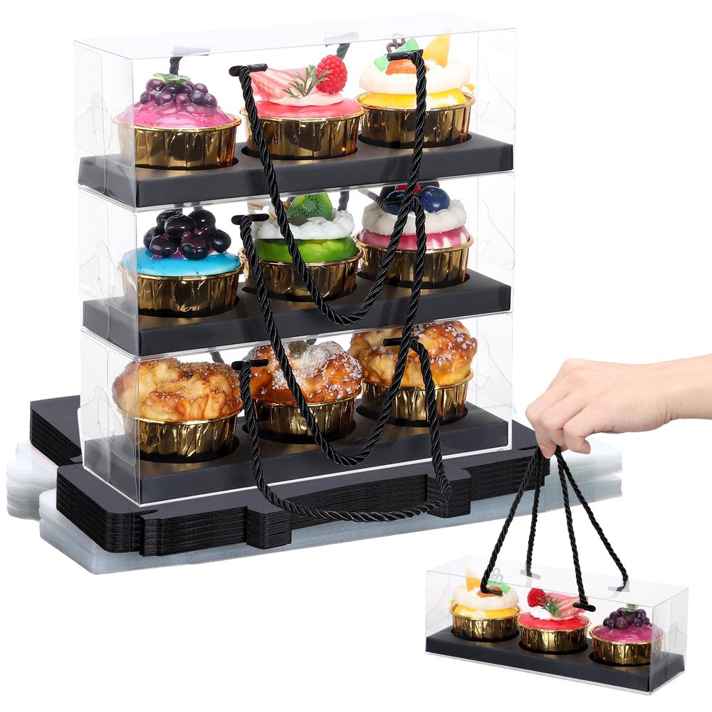 Clear Cupcake Boxes, 40 Pcs 9"x3"x3" Black 3 Compartments Pastry Cupcake Cont...