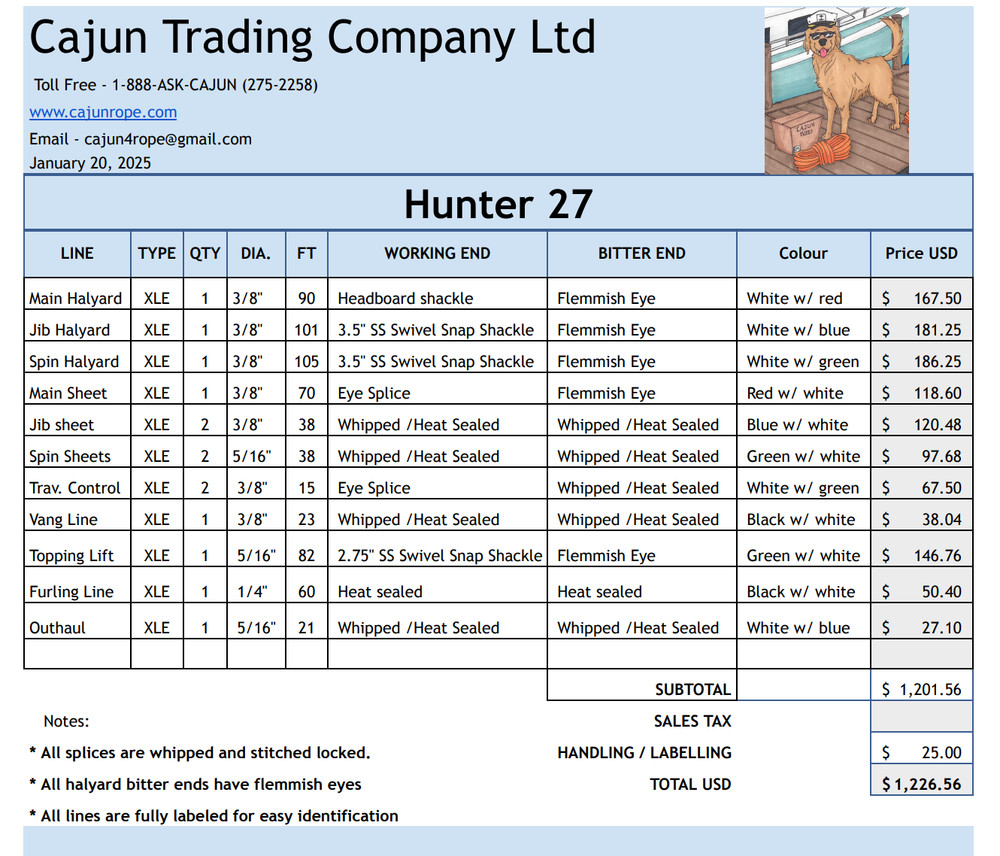 Hunter 27 Running Rigging Kit - Cajun Ropes . FREE SHIPPING !!!!
