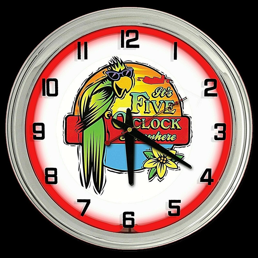 16" It's 5 O'clock Somewhere Red Neon Wall Clock Garage Man Cave