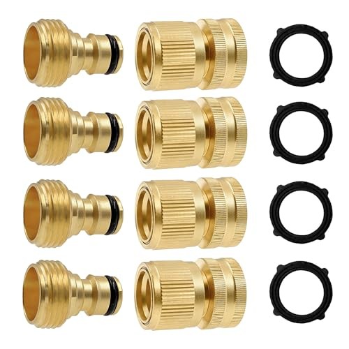 Garden Hose Quick Connector, Solid Brass 3/4 Inch GHT Thread Style 1 - 4 Set