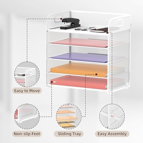 Pack 5-Tier White Desk Organizer with Handle Mesh Desk 2 Elegant White
