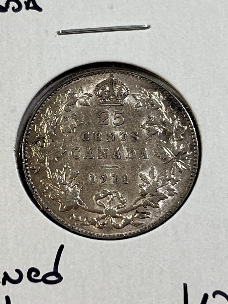 1911 Canada 25 Cents Silver Coin Cleaned