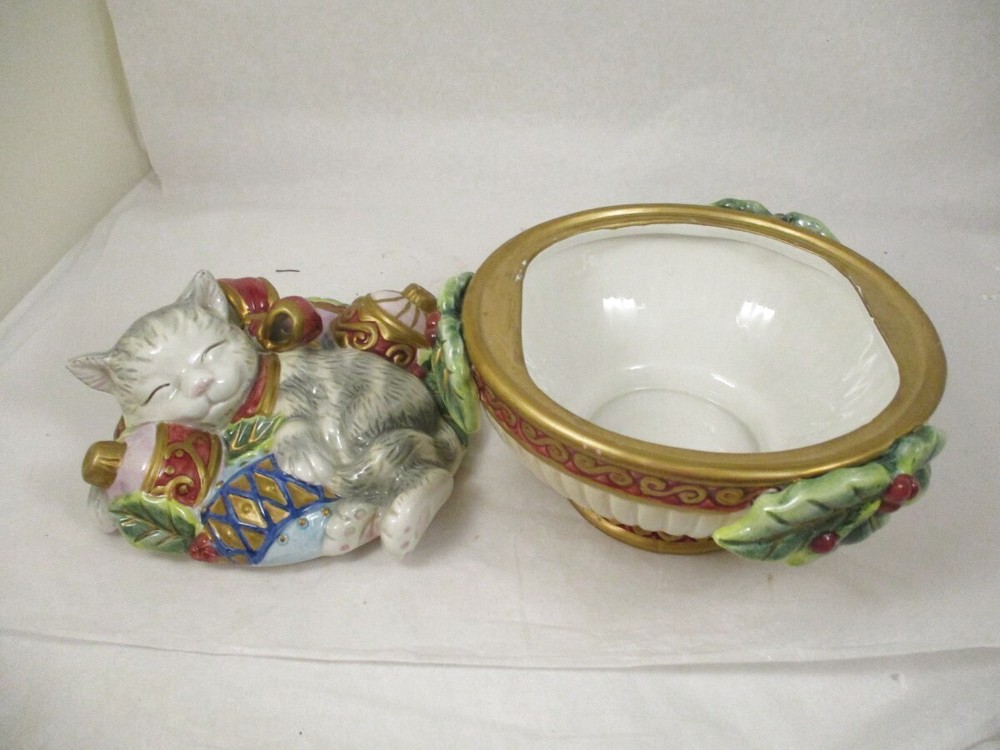 Fitz &; Floyd Essentials Christmas Kitty Cat Sleeping Fitted Lidded Candy Dish F