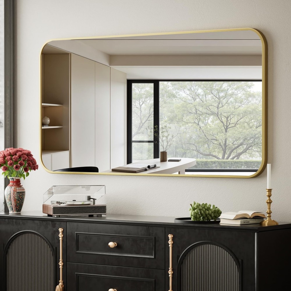 26" x 38" Rectangular Aluminum Alloy Frame Wall Mounted Bathroom Mirror with ...