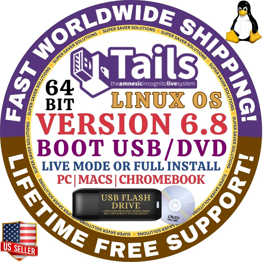 TAILS 6.8 LINUX OS Bootable USB Flash Drive, 64-Bit, Works on Mac & Windows PC