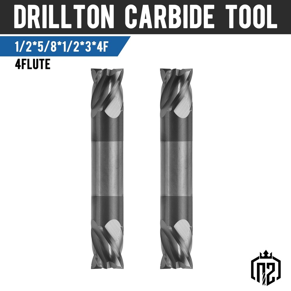 2PCS 4 Flute 1/2" x 5/8" x 3" Solid Carbide End Mill - Double End - AlTiN Coated