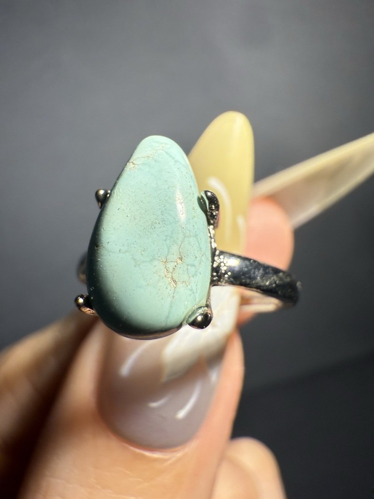 Natural Hubei Turquoise Drop Ring / Silver- plated/adjustable
