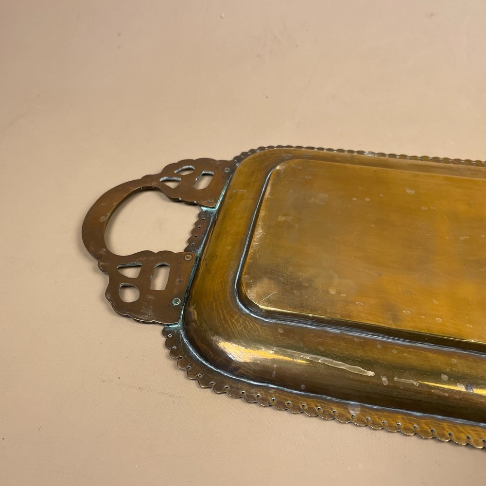 Rectangle Antique Metal Gold Indian Patterned Brass Tray Plate Decorative Handle