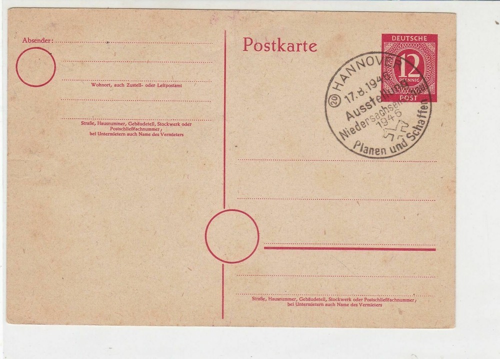 Germany 1946 Hannover Exhibition Plan+Create Slogan Cancel Stamp Card  Ref 30238