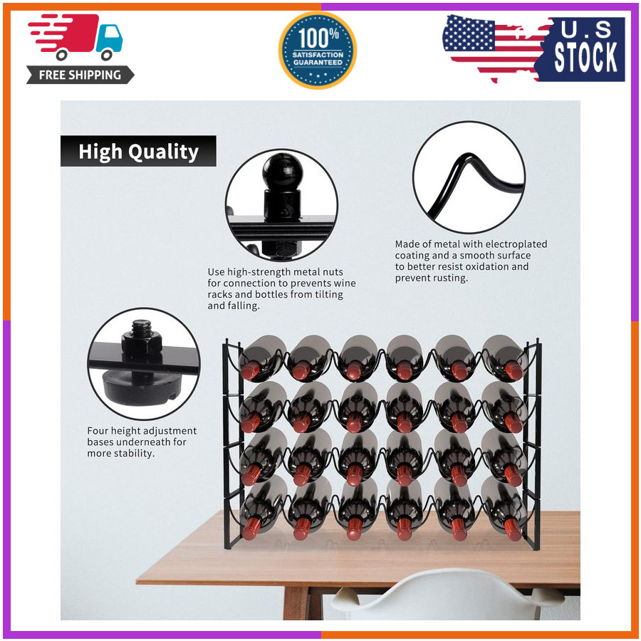4 Tier Wine Rack, 3-In-1 24 Bottles Wine Storage, Wine Bottle Rack Stackable, Wi