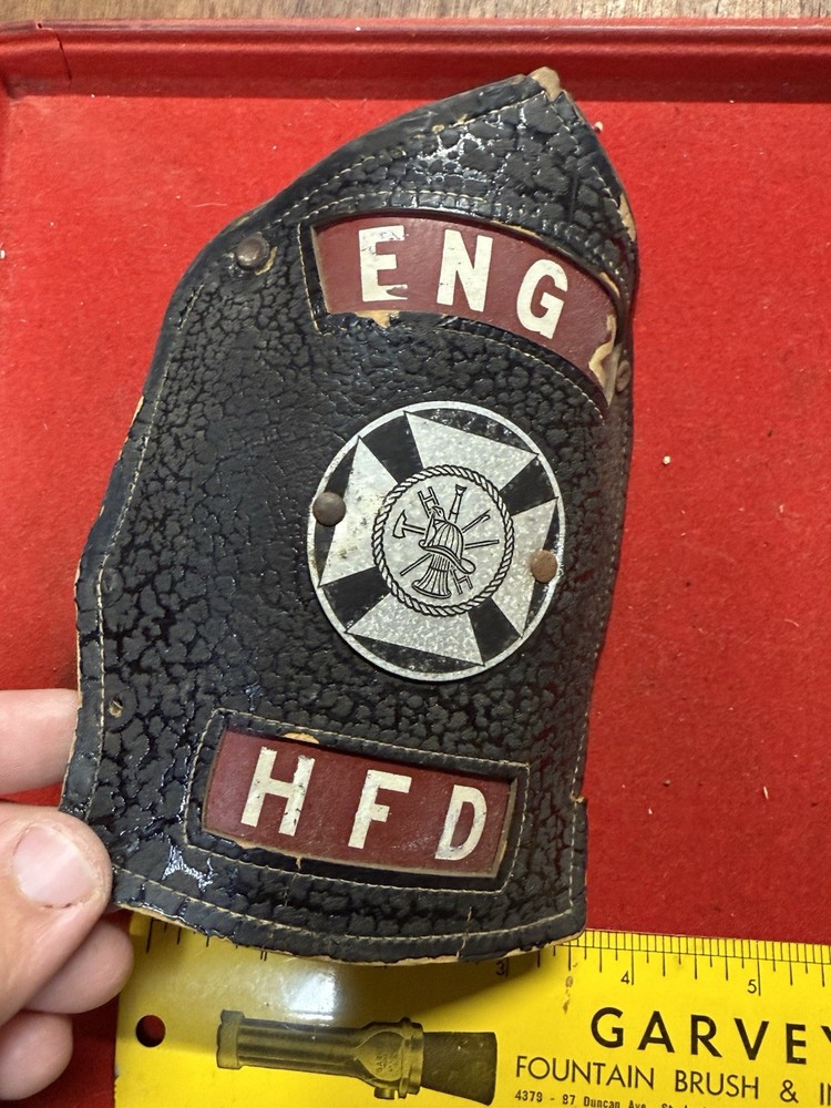 Leather ENG 2 HFD Firemans Helmet Badge Hat Sheild