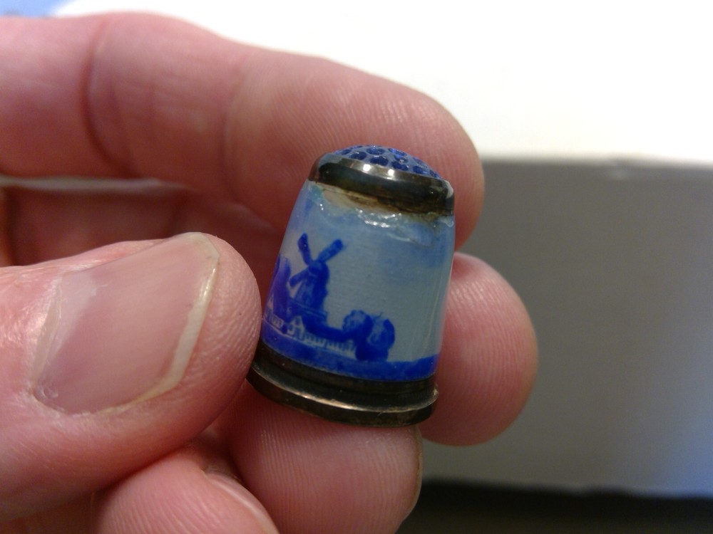 Sterling Silver & Enamel Thimble - Blue Farm Scene Windmill - AS IS