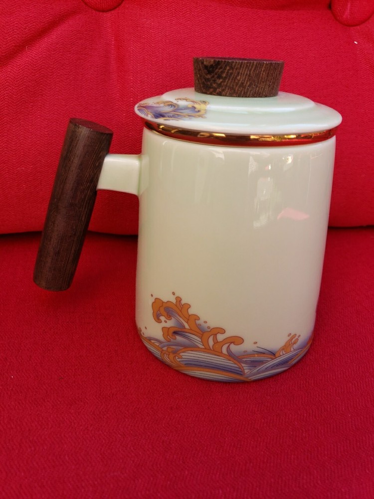 Tea Cup with Infuser and Lid,Ceramic Tea Infuser Mug Solid Wooden Handle,15.2 oz