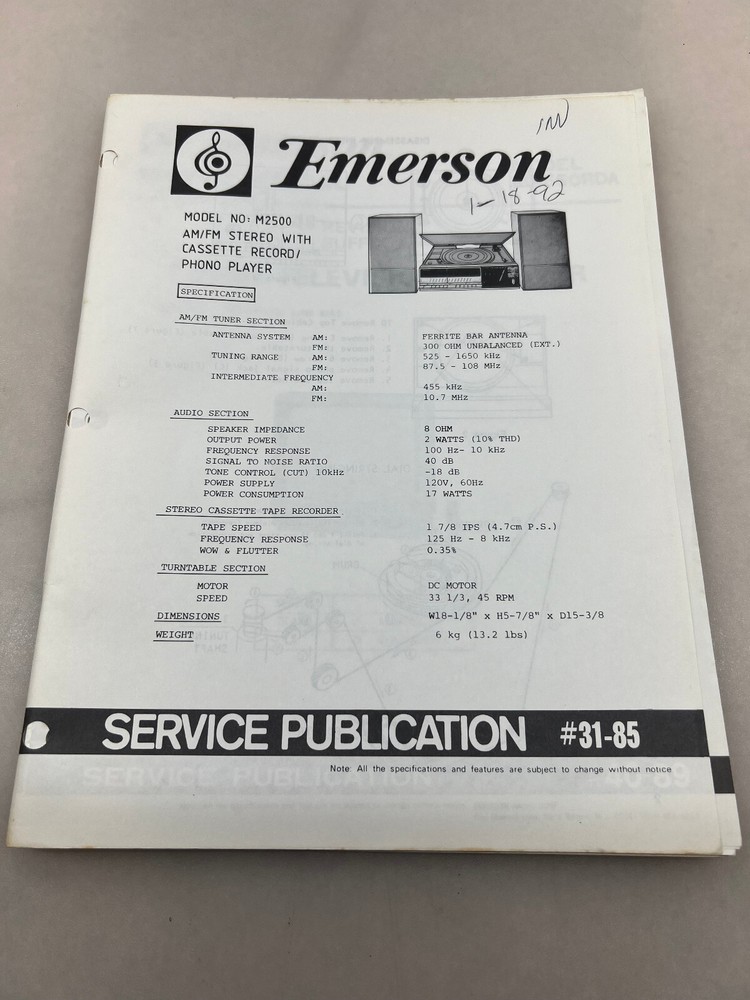 Emerson M2500 Original Service Manual Free Shipping