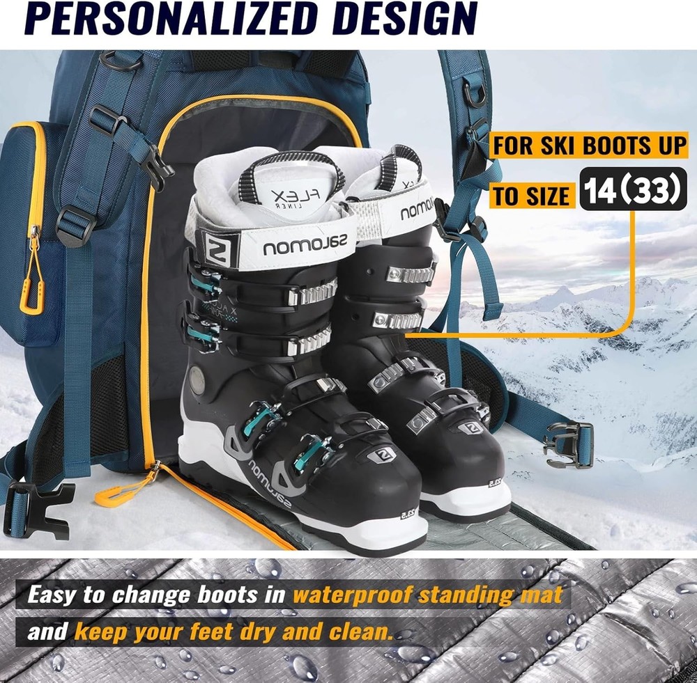 Ski Boot Bag 65L Durable Travel Backpack 1680D Nylon Waterproof Snowboard Boot