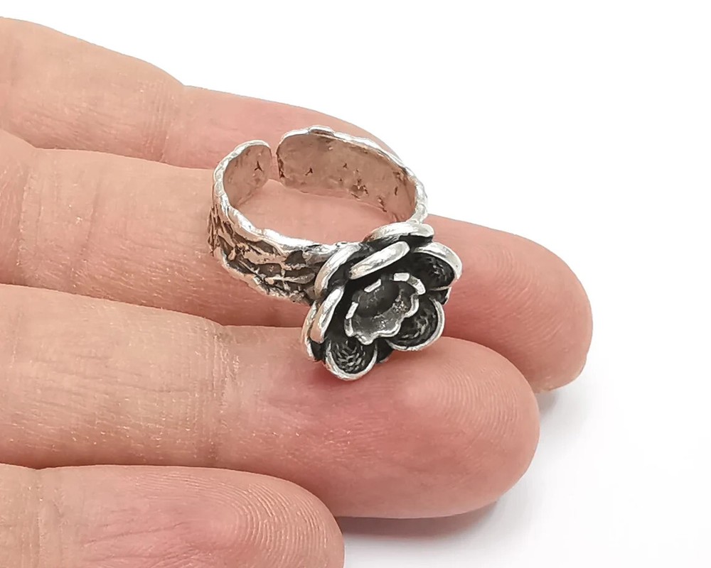 Flower Ring Blank Setting Base Bezel Cabochon Antique Silver Plated Brass G26236