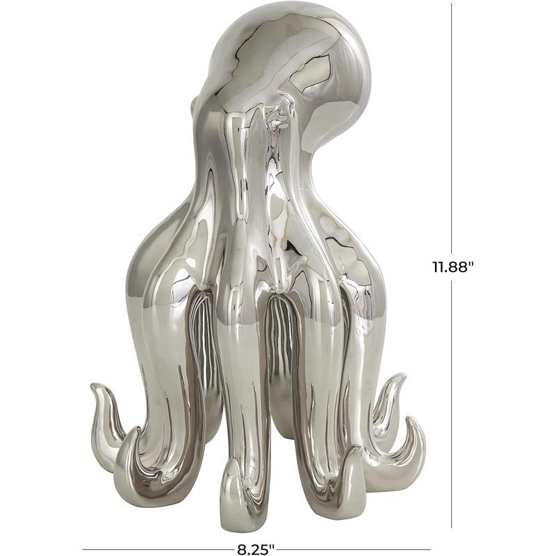 Silver Ceramic Octopus Decorative Statue Coastal Home Accent Unique Sculpture US