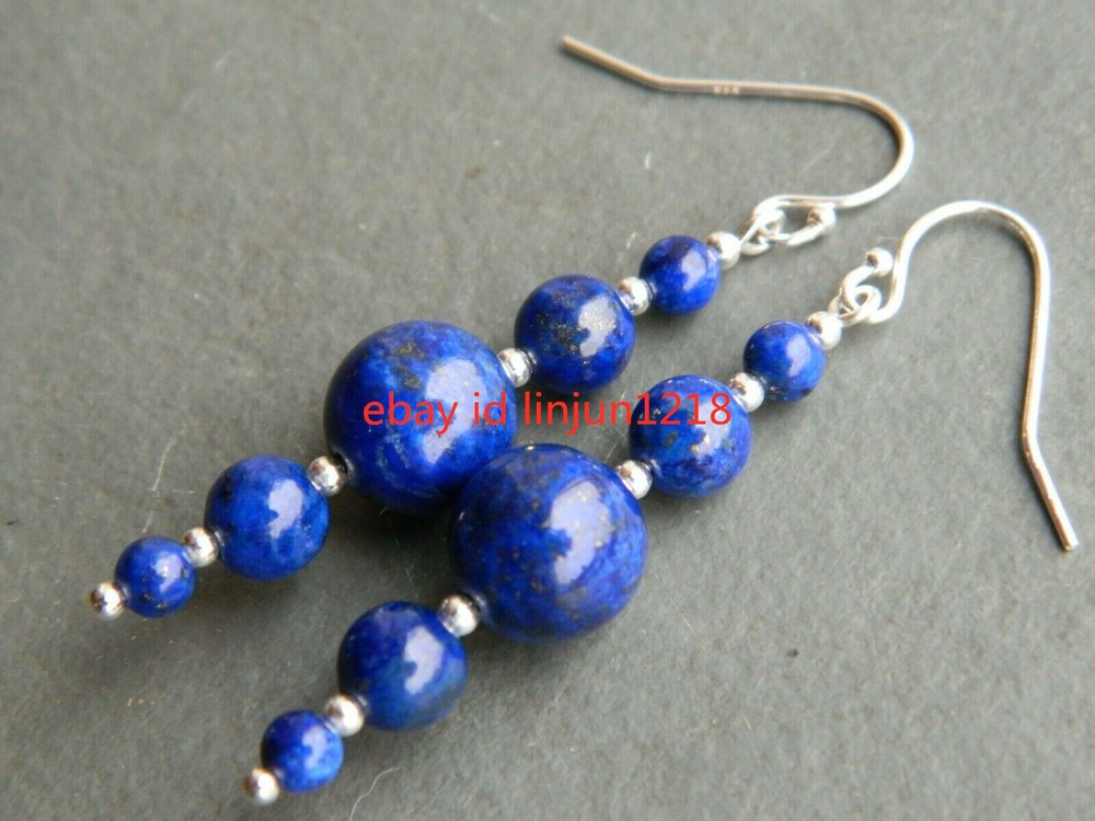 6MM-12MM Blue Lapis Lazuli Graduating Gemstone 925 Silver Drop Earrings