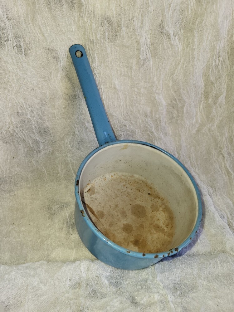 Small vtg blue and white enamel pan