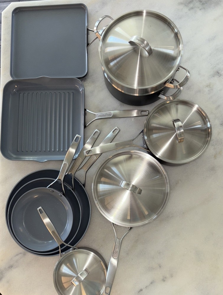 GreenPan Paris Pro 14 Piece Hard Anodized Ceramic Nonstick Cookware Set Display