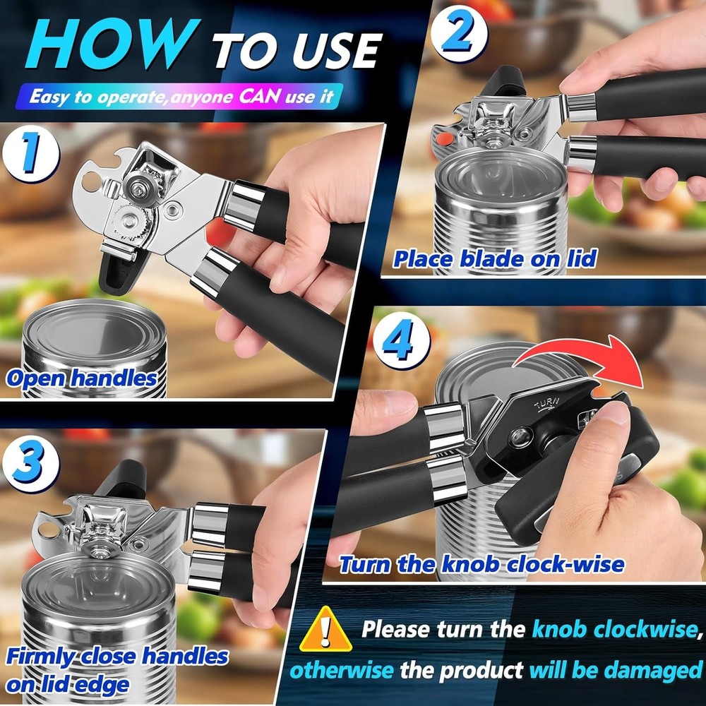 Can Opener Manual Heavy Duty Multifunctional with Magnet medium size, Black