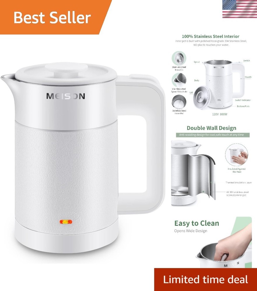 Compact 0.6L Stainless Steel Electric Kettle - Double Wall & Boil-Dry Protection