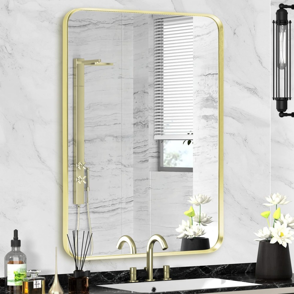 Wall Mount Mirror Bathroom Brush Black Metal Framed Rounded Corner Rectangular