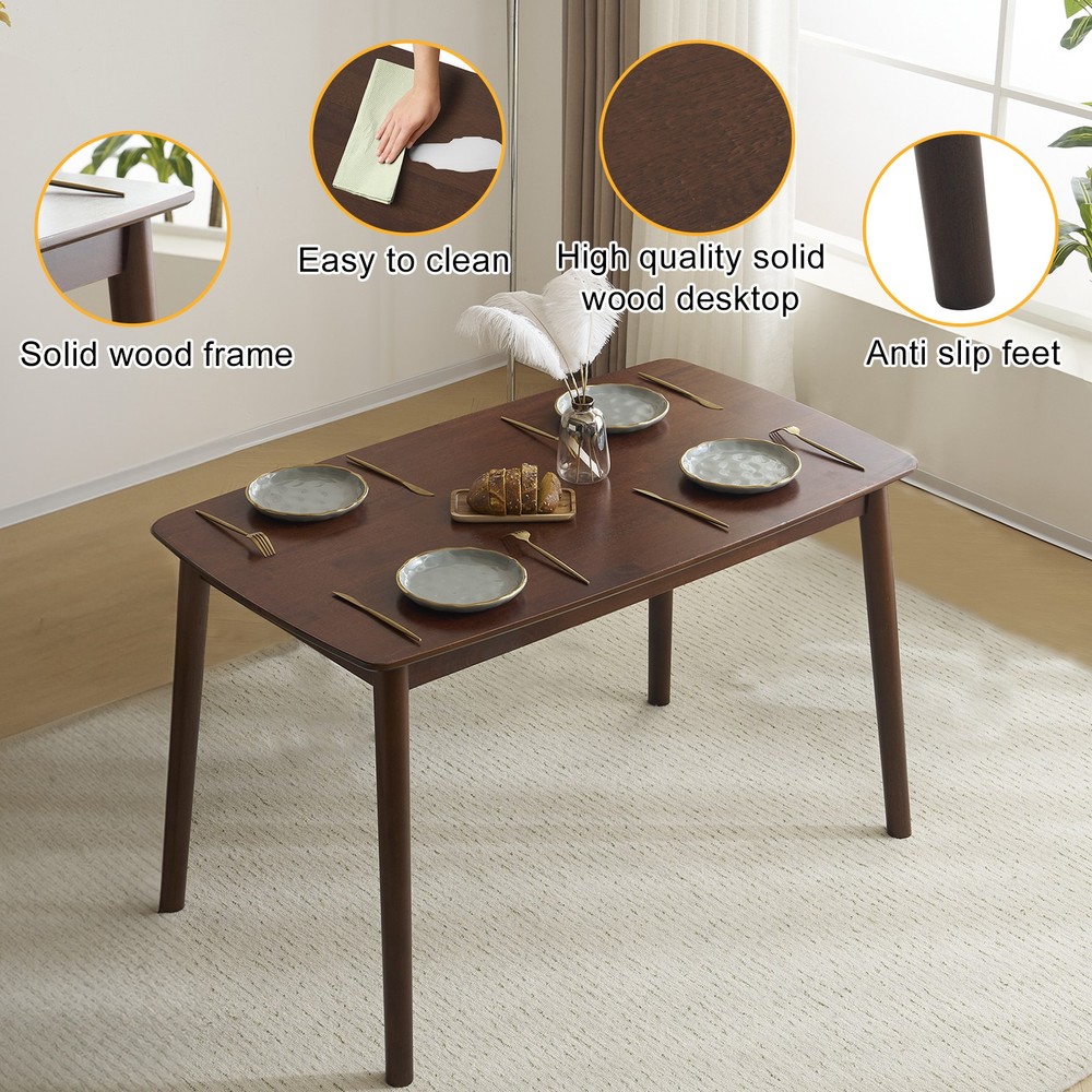 5pc Solid Wood Dining Set Deep Walnut Table & 4 Beige Padded Chairs Space-Saving
