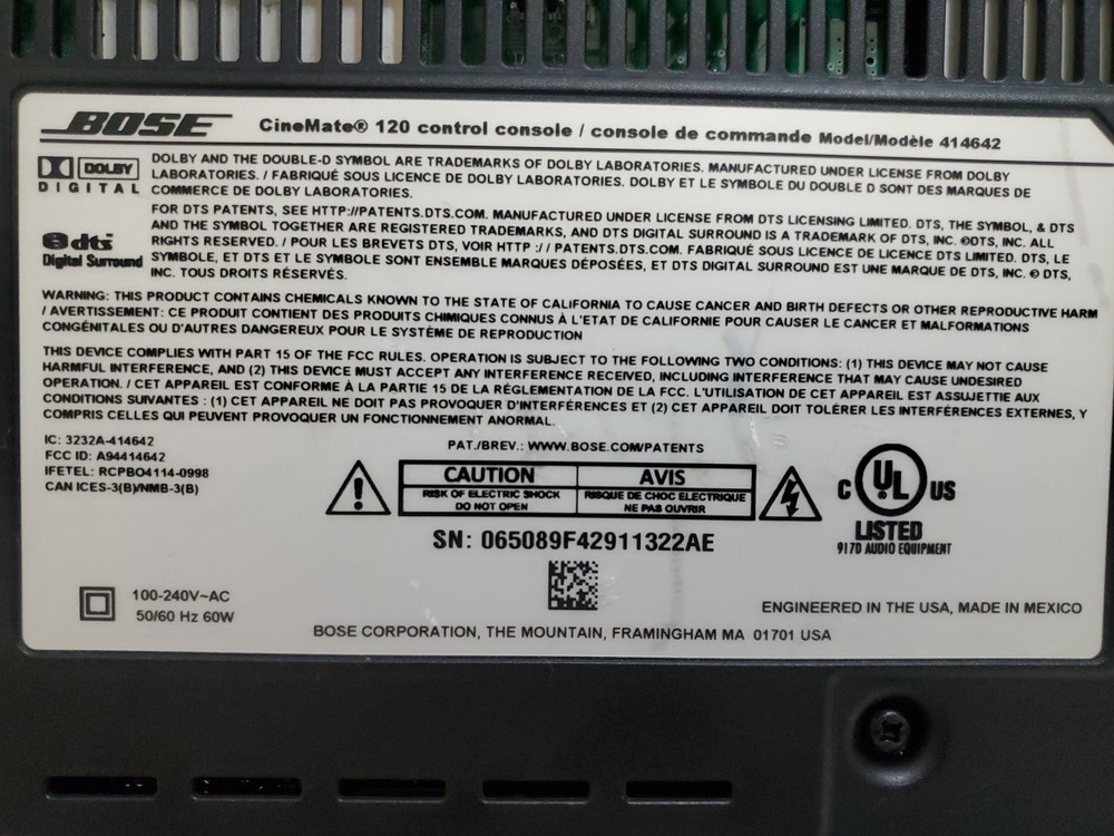 Bose Cinemate 120 AV Control Console 414642 Untested Sold AS IS