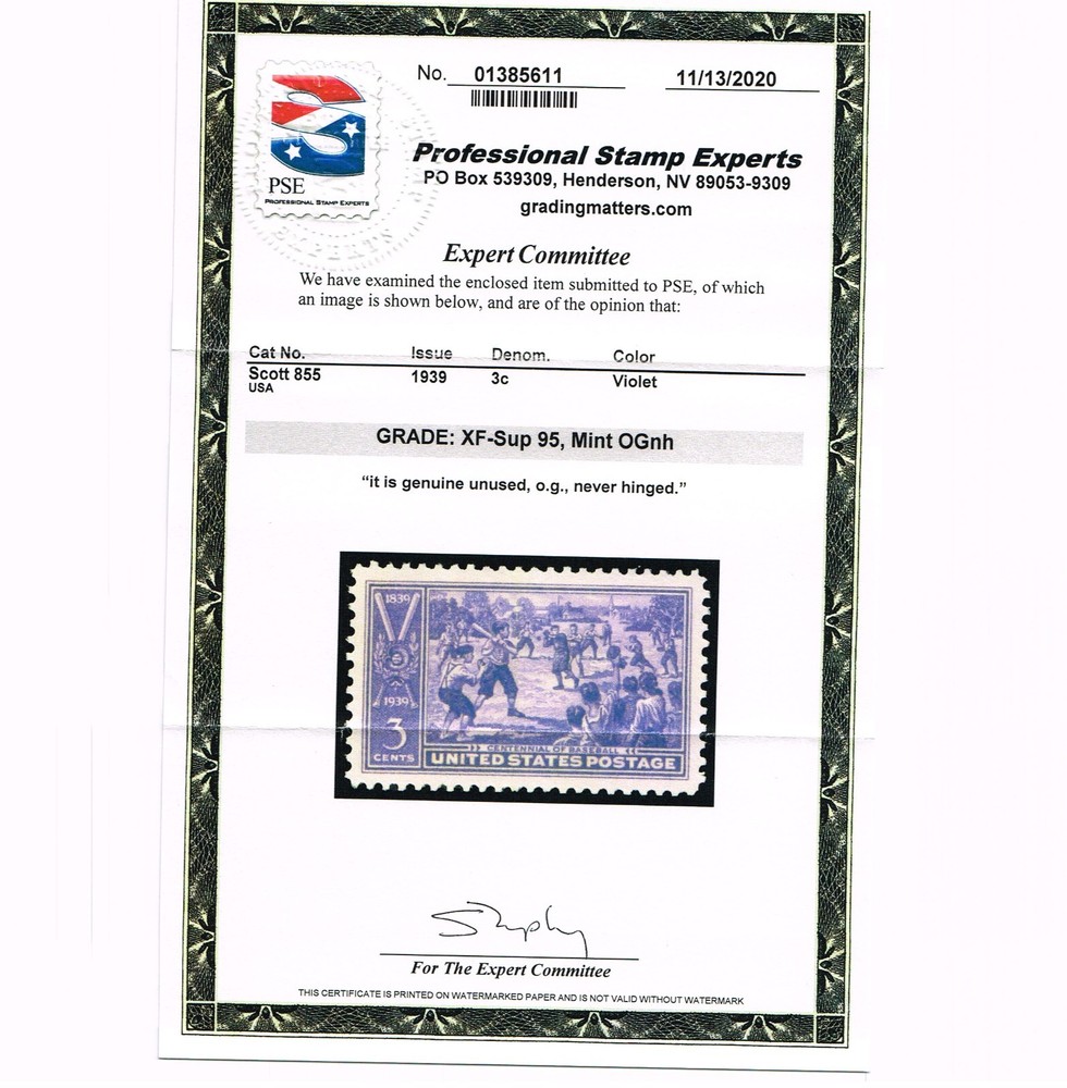 EXCEPTIONAL GENUINE SCOTT #855 MINT PRISTINE OG NH PSE CERT GRADED XF-SUPERB 95