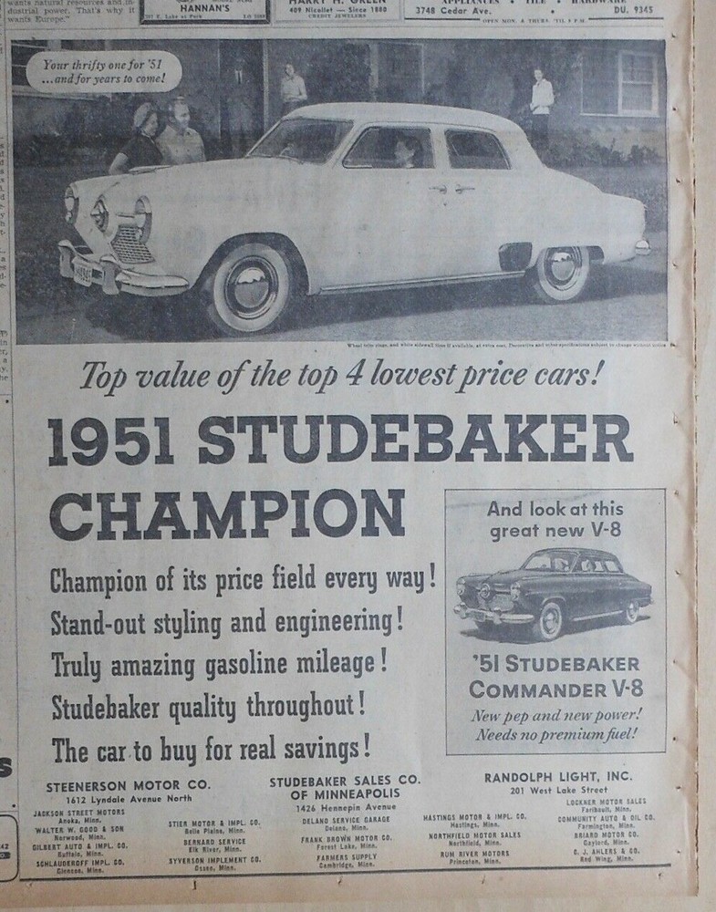 1951 newspaper ad for Studebaker - Champion, Stand-out styling & engineering