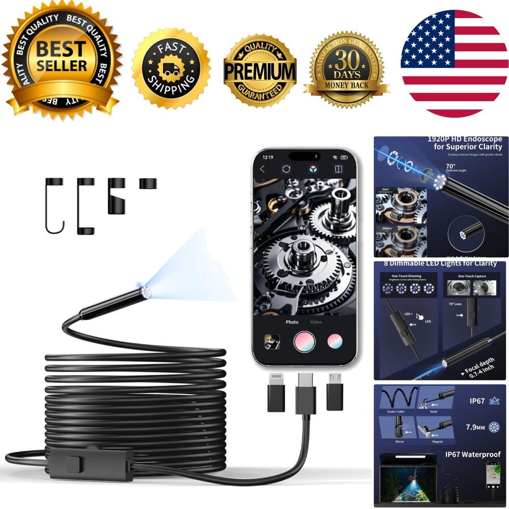 Endoscope Camera with Light, 1920P HD Borescope Inspection Camera with 8 Adju...