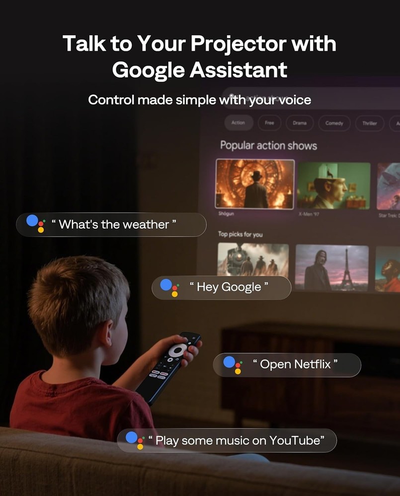 Google TV Portable Projector with WiFi Bluetooth USB-C Powered Smart Projector