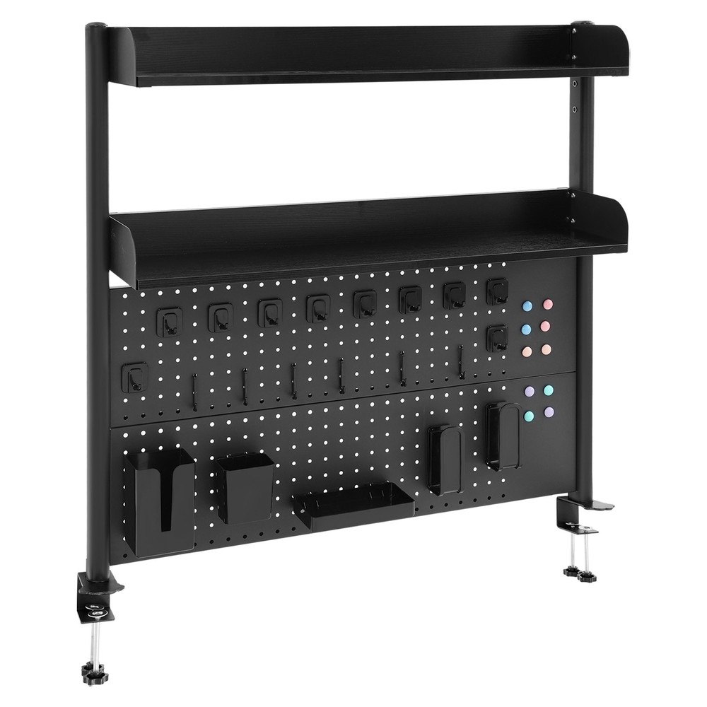 Premium Black Desktop Bookshelf with Adjustable Shelves & Pegboard Organizer