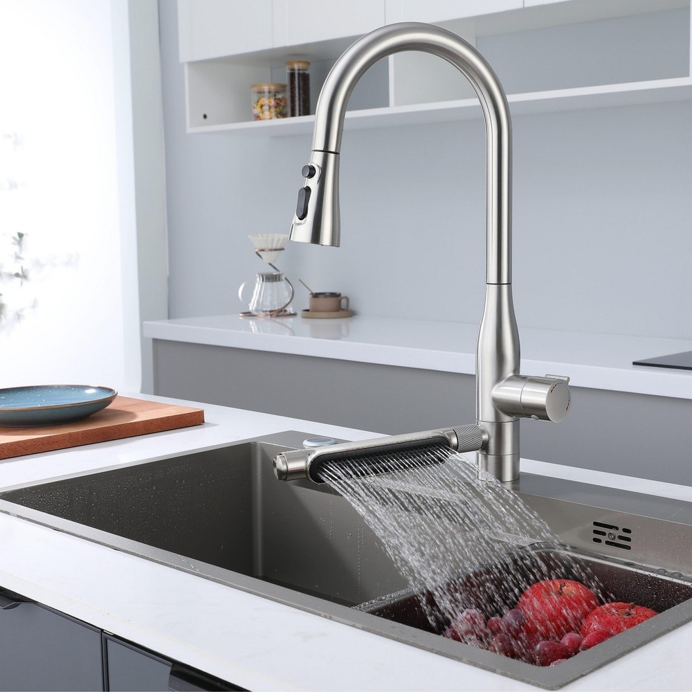 Stainless Steel Waterfall Kitchen Faucet with Pull Down Sprayer, 3 Spray Modes
