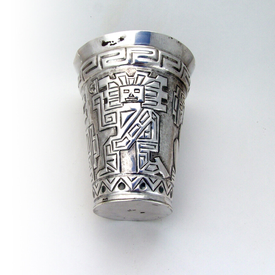 Peruvian Silver Large Beaker Shots Set Repousse Patterns 1930