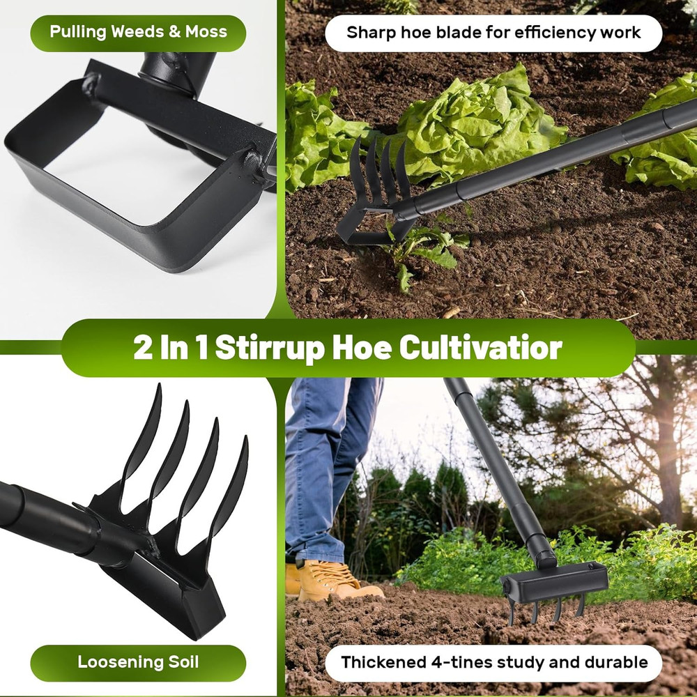 2 in 1 Weeding Tools Gardening Weed Puller with Long Handle,Stirrup Hula Garden