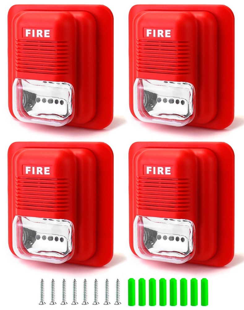 QWORK 4 Pack Wired Sound & Light Fire Alarm Warning Strobe Siren 4 Pack, Red