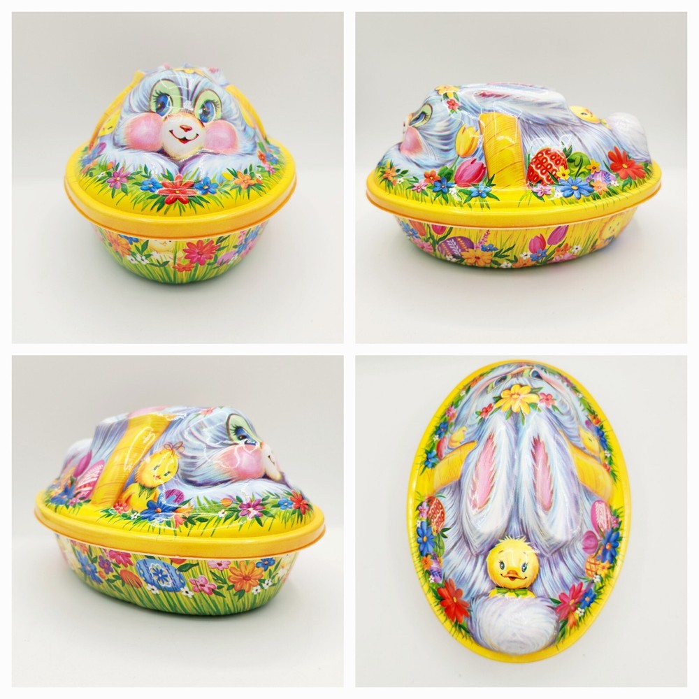 VTG Easter Kitsch Bunny On Nest Chicks Candy Container Lid Basket Egg  Decor 9"