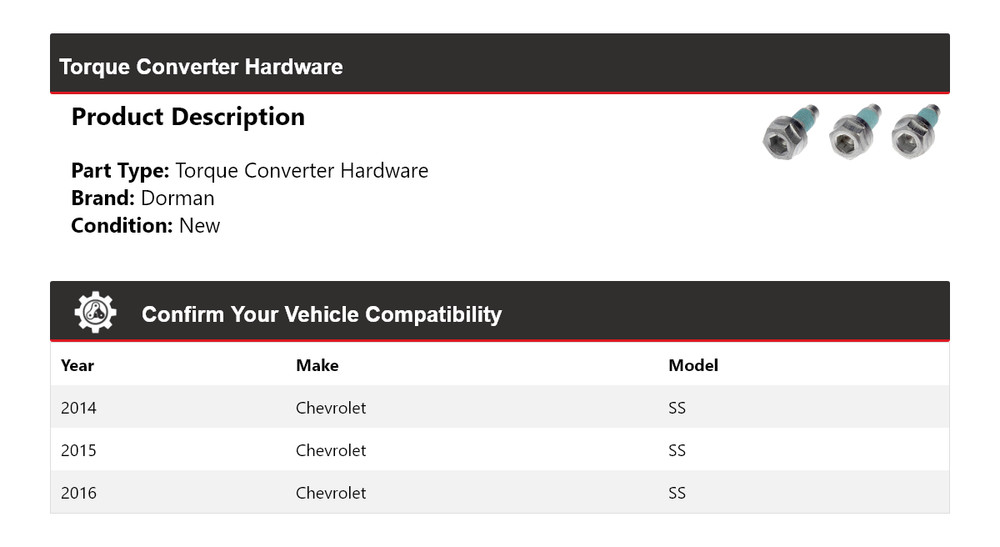 For 2014-2016 Chevrolet SS Dorman Torque Converter Hardware 2015