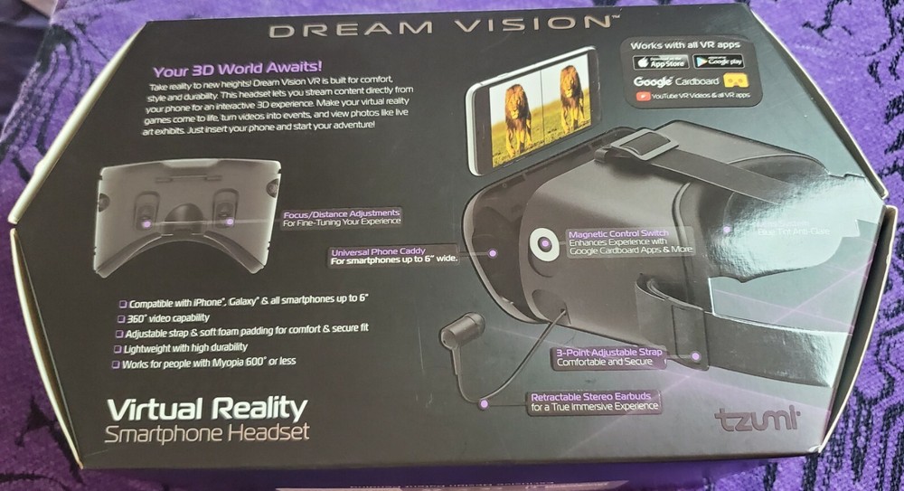 Tzumi Dream Vision Pro Virtual Reality Headset with Bluetooth NEW