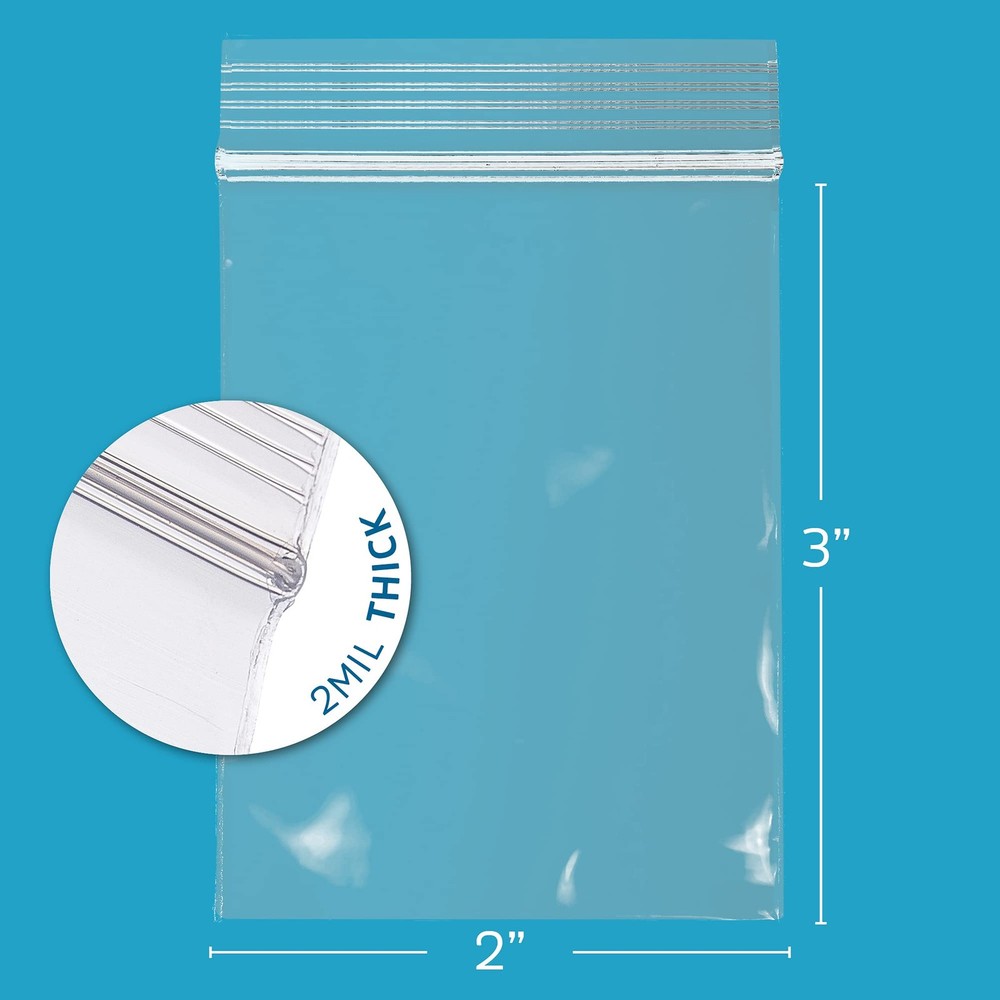 2" x 3" Small Zip Bags, 100 Pack, Clear Plastic Reclosable x 3",
