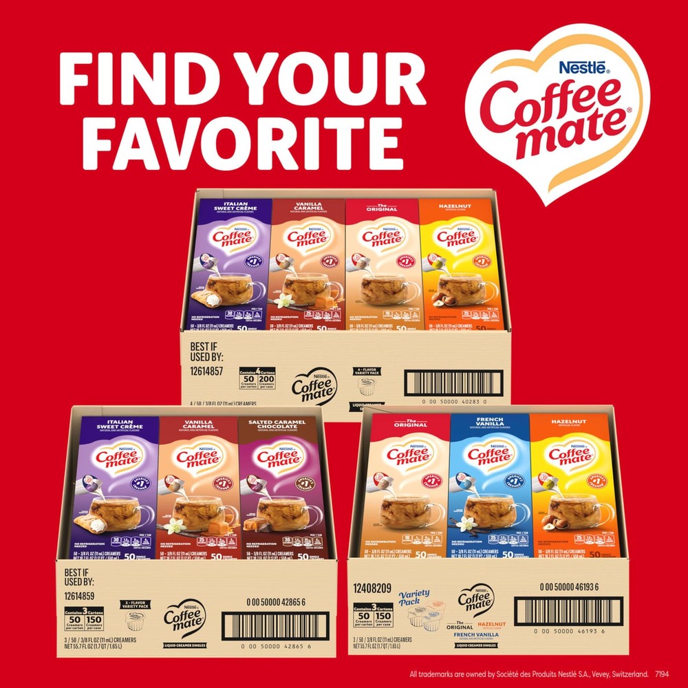 Coffee Creamer Singles Variety Pack - Original, Hazelnut, Vanilla, 200 Count