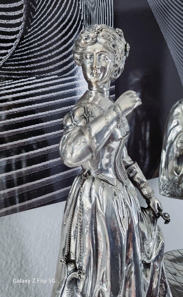 EXEPTIONAL PAIR EXTRA LARGE ANTIQUE HANAU GERMAN SILVER FIGURAL DECANTERS CA1880