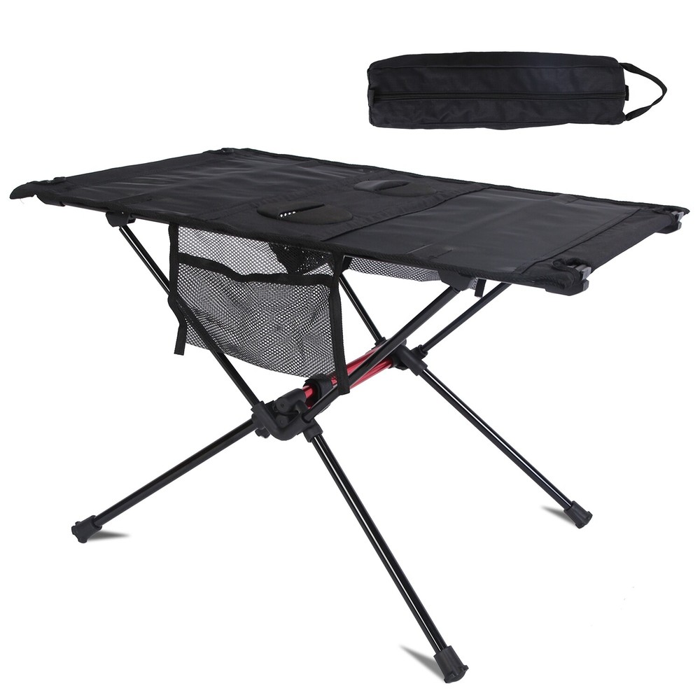 Folding Aluminum Camping Table with Mesh Storage Pockets & Dual Cup Holders