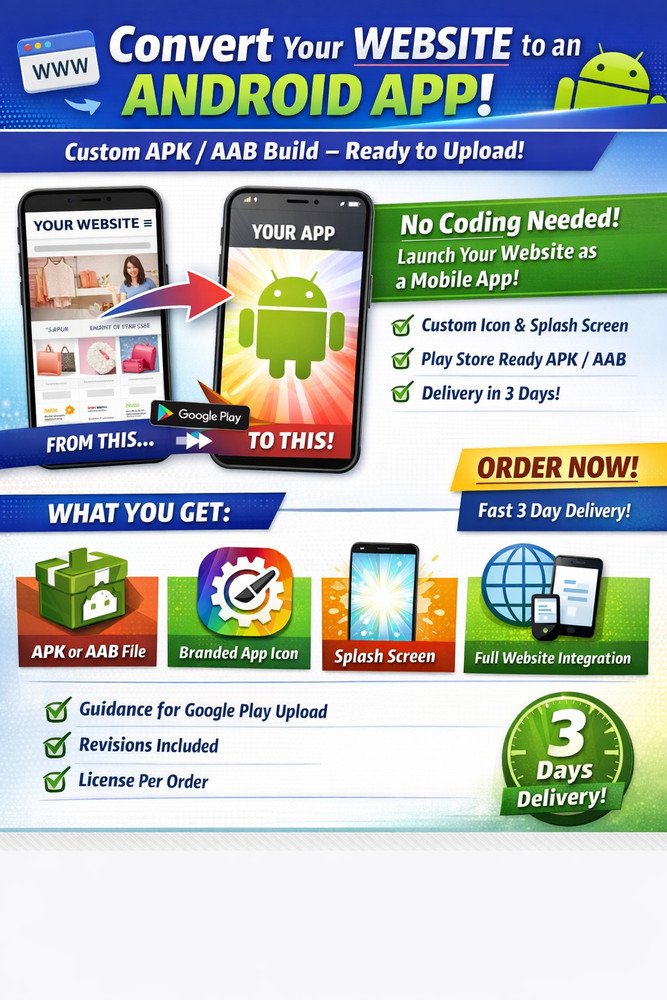 Convert Website To Android App | WebView APK/AAB | 3 Day Delivery