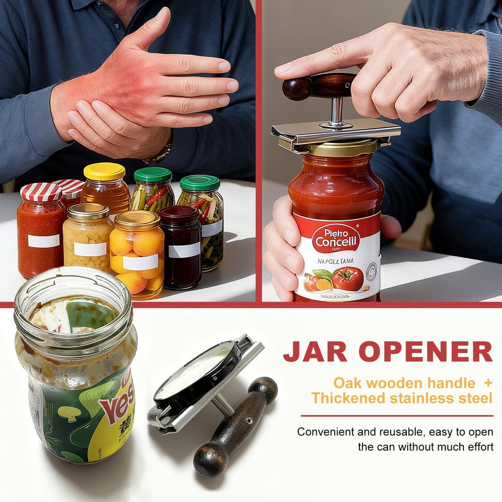 Adjustable Jar Opener Solid Oak Wood Handle - Cap Crack Kitchen Aid for Seniors