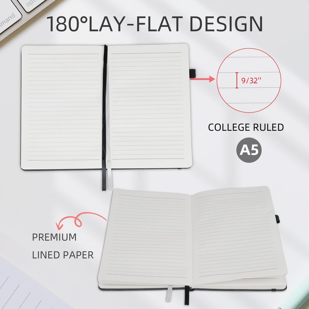 OnMove Notebooks Journal for Women Men 3 Pack Bulk Leather Lined, Black