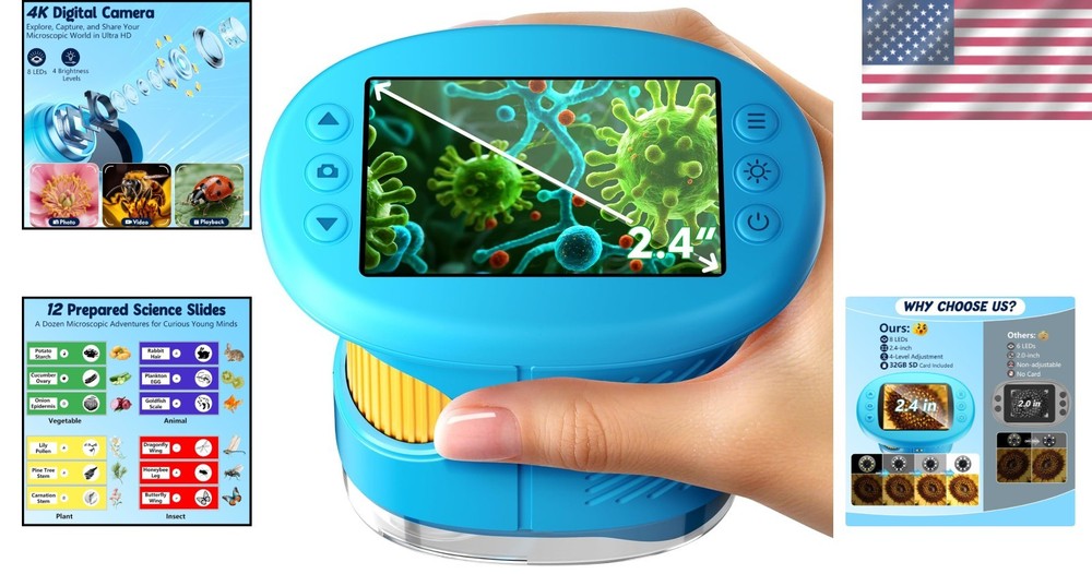Handheld 1000X Kids Microscope with 4K Display & 12 Slides - Perfect STEM Gift