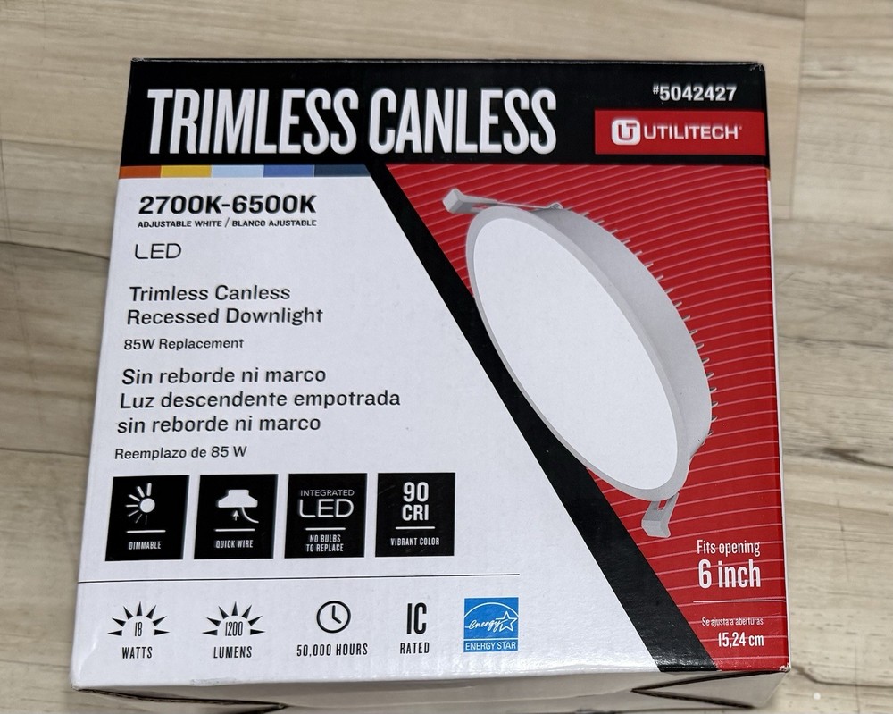 Utilitech 6" 1200 Lumens LED Canless Trimless Recessed Downlight White Dimmable